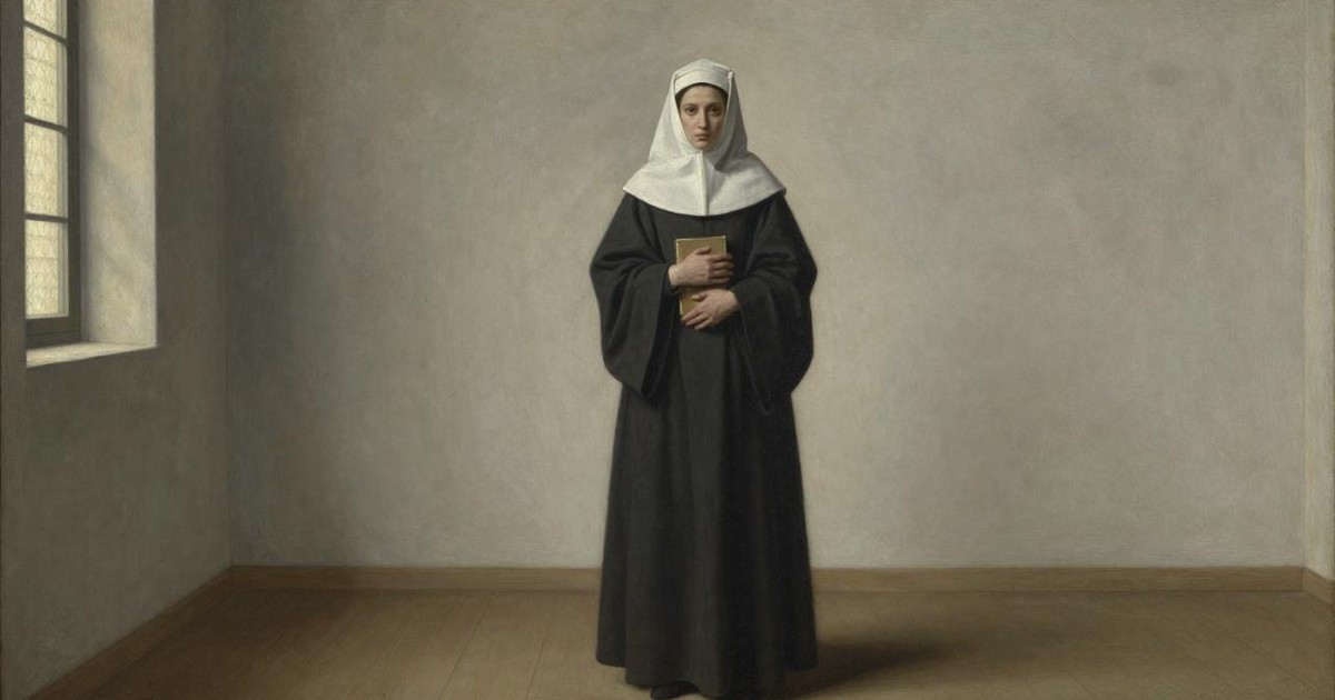Oil painting of a woman in a plain dark habit and white wimple standing alone in a bare room, holding a small book