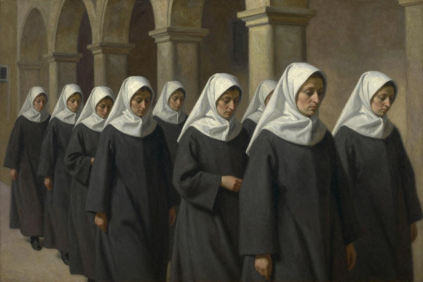 Oil painting of a line of women in identical dark habits and white head coverings walking through a stone cloister, heads bowed