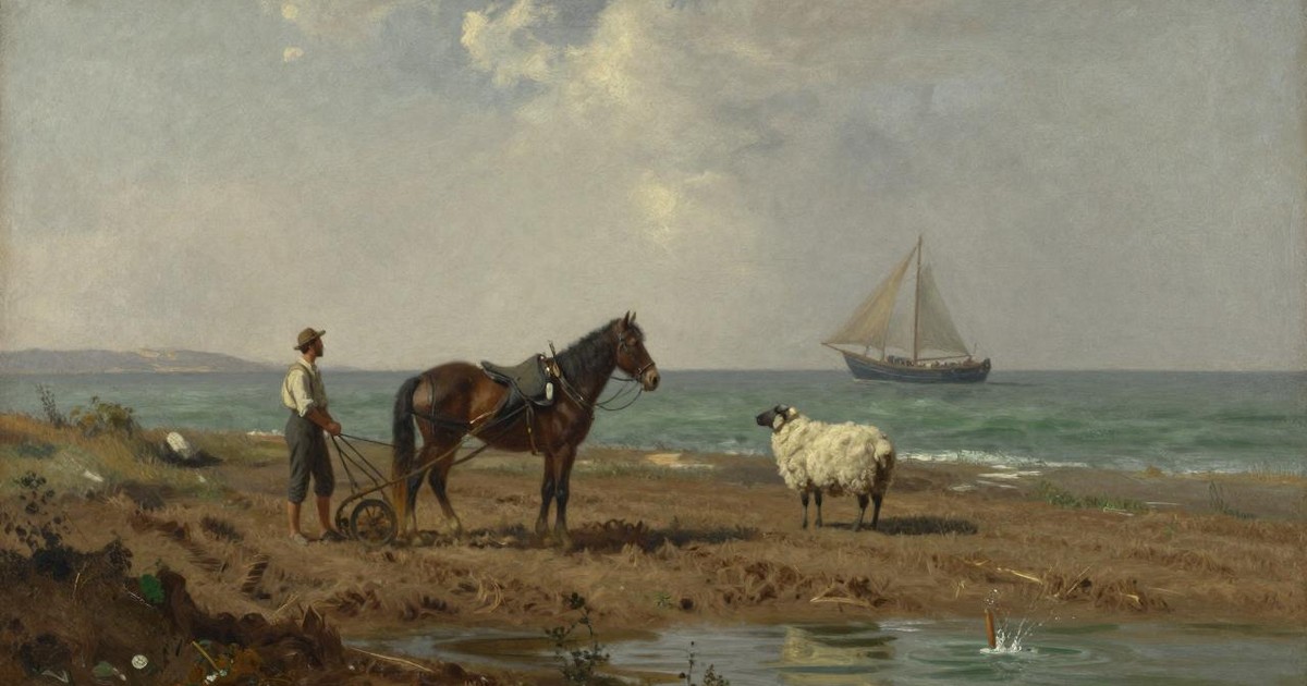 Oil painting of a ploughman and horse on a sunlit coast, a sailing ship offshore and a small unnoticed splash in the water