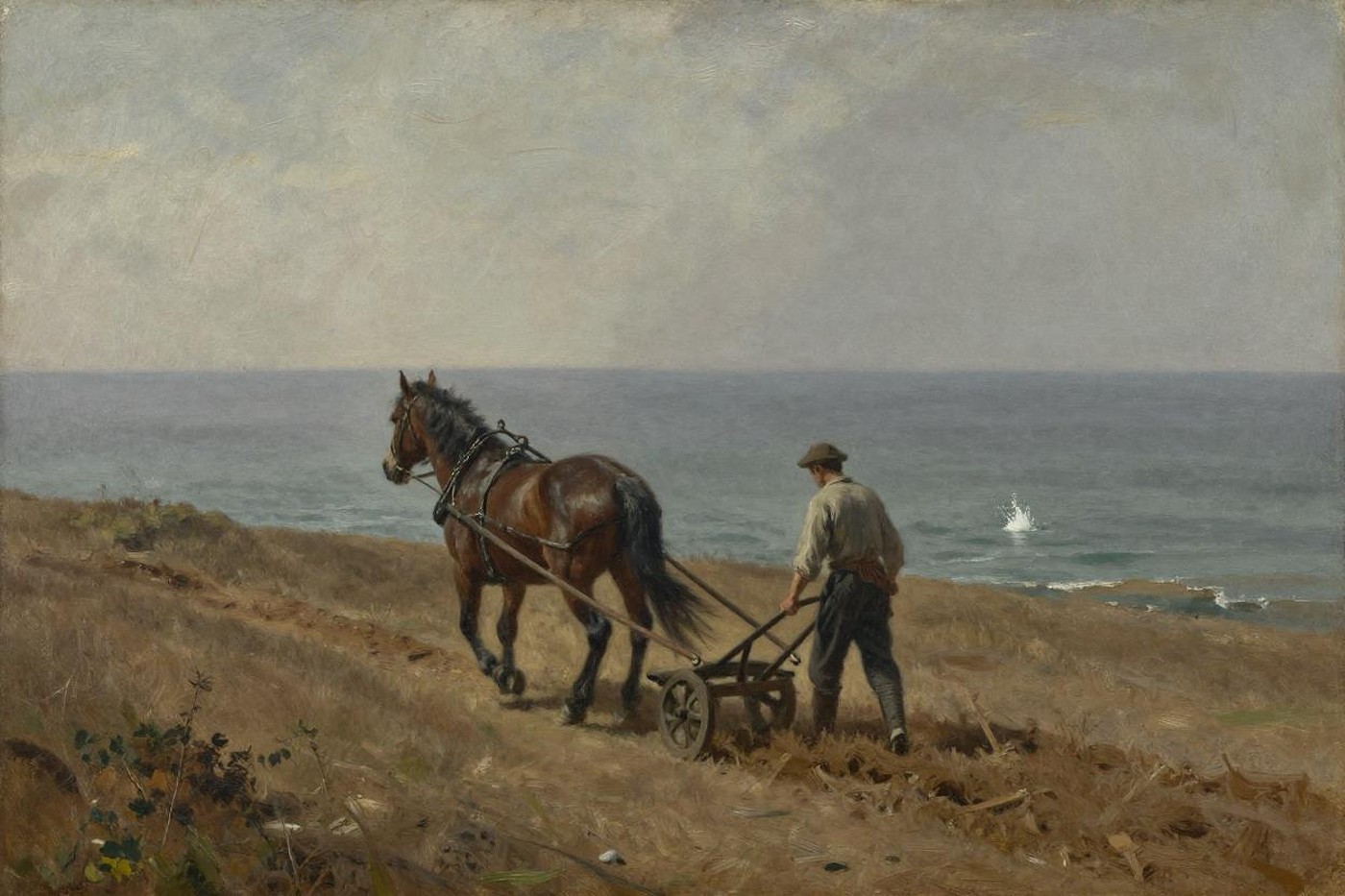A farmer ploughing a clifftop field behind his horse while, far out at sea, a small splash marks someone going under