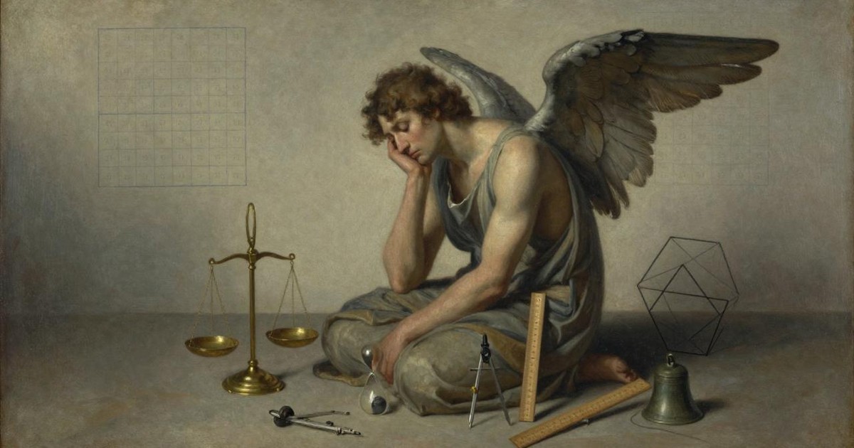 Oil painting of a brooding winged figure seated on the floor among a balance scale, compass, hourglass, polyhedron and bell, chin resting on one hand