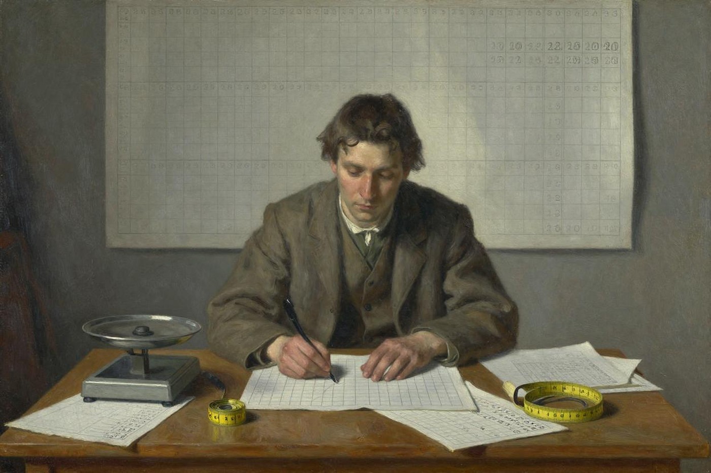Oil painting of a man in plain period clothes filling in numbered grids at a table with scales and measuring tapes, a large numbered chart on the wall