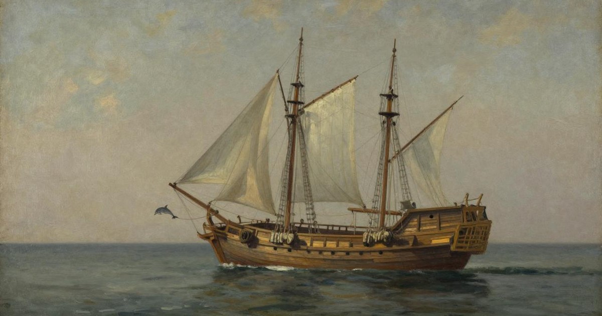 Oil painting of an old wooden sailing ship in profile on a calm sea, dolphins leaping nearby
