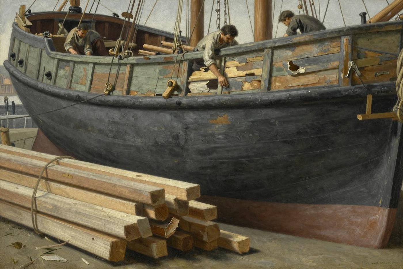 Oil painting of shipwrights replacing weathered planks on a wooden hull, a stack of fresh timber in the foreground