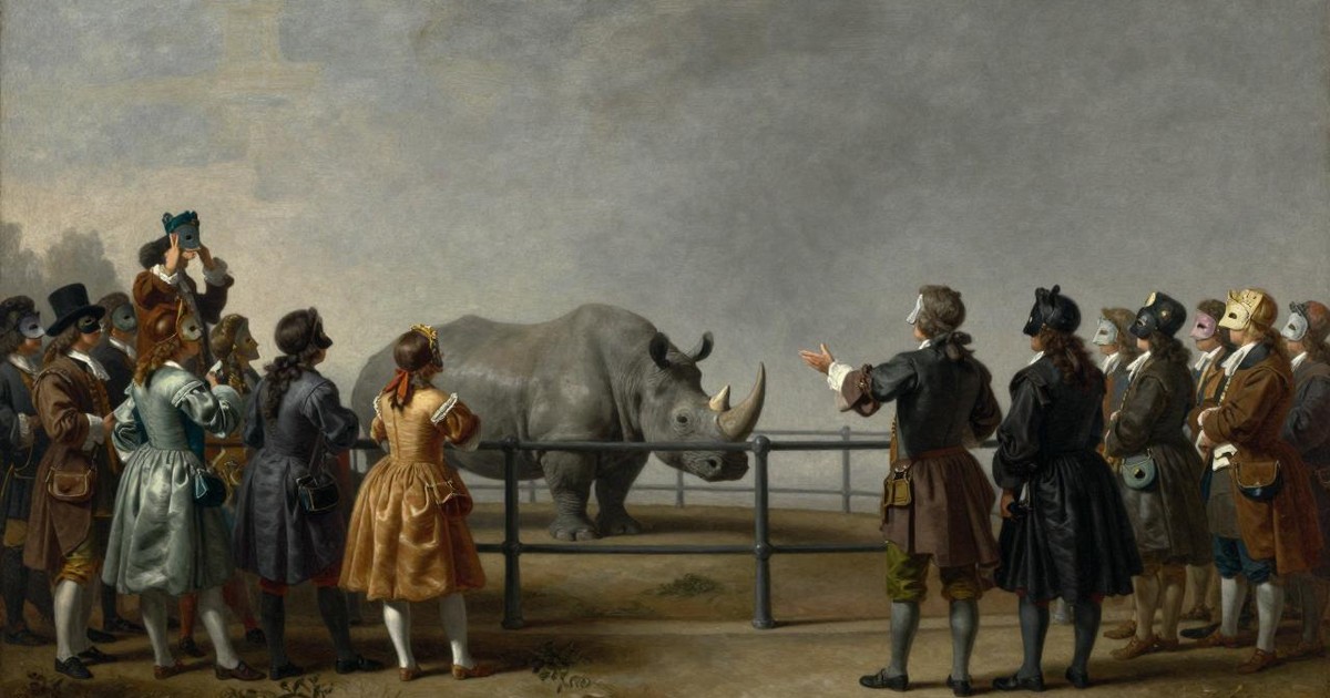 Oil painting of an 18th-century Venetian crowd gathered at a railing to stare at a rhinoceros while a showman gestures