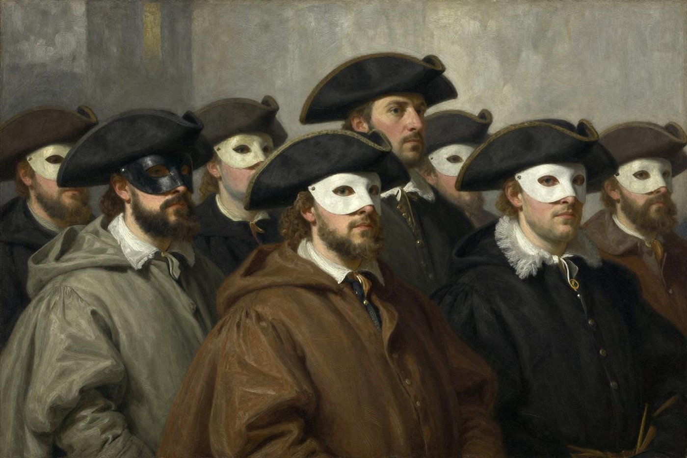 Oil painting of masked Venetian onlookers in tricorn hats packed together, all staring at the same unseen spectacle