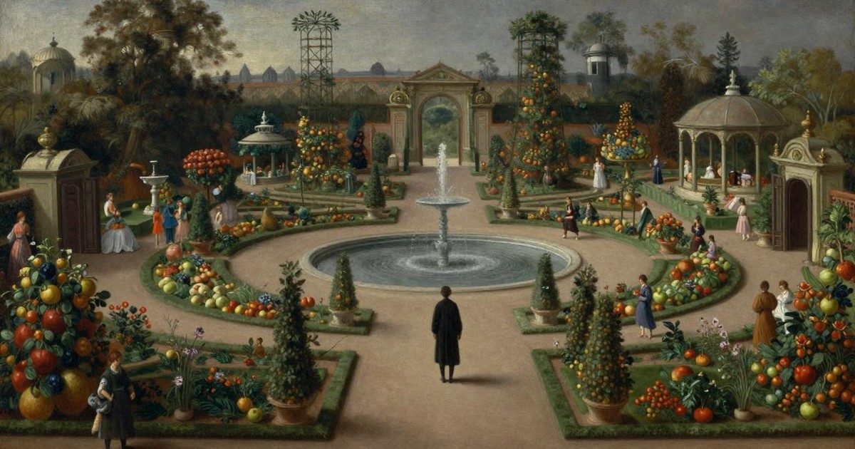 Oil painting of a lone dark figure standing still at the center of a vast, overflowing formal garden with fountains, pavilions and countless paths