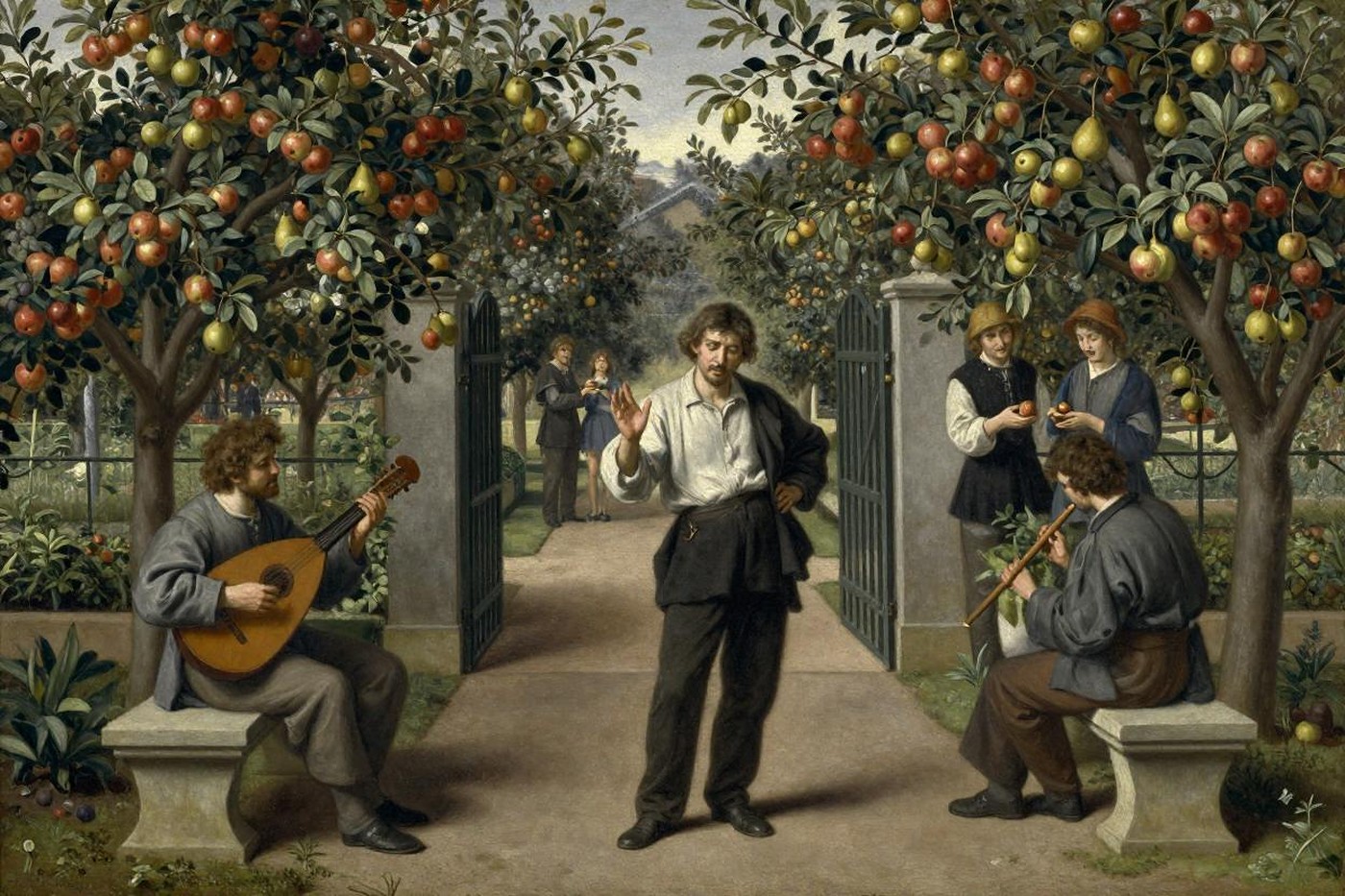 A man frozen on an orchard path among open gates, musicians and people offering him fruit