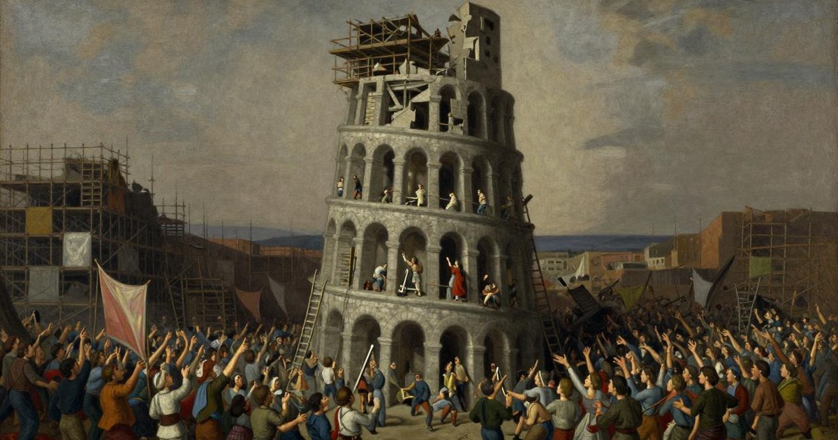 Oil painting of a crumbling spiral tower wrapped in scaffolding, surrounded by a vast shouting crowd