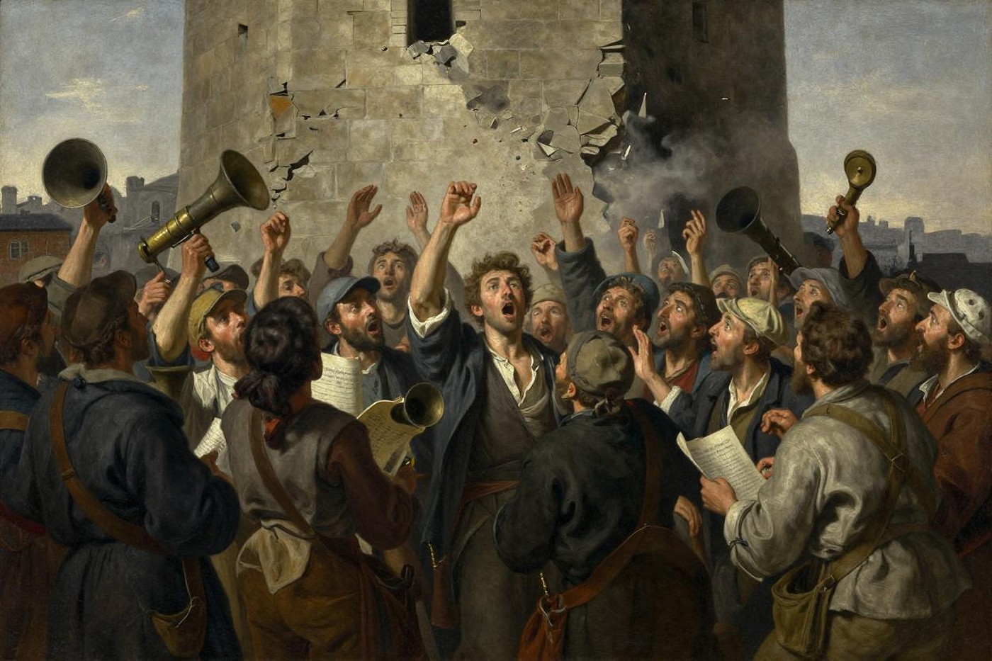 Oil painting of a dense crowd of shouting laborers with horns and papers at the foot of a cracking stone tower