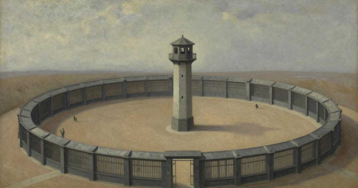 Oil painting of a circular prison with a single tall watchtower at its center, seen from above under an overcast sky