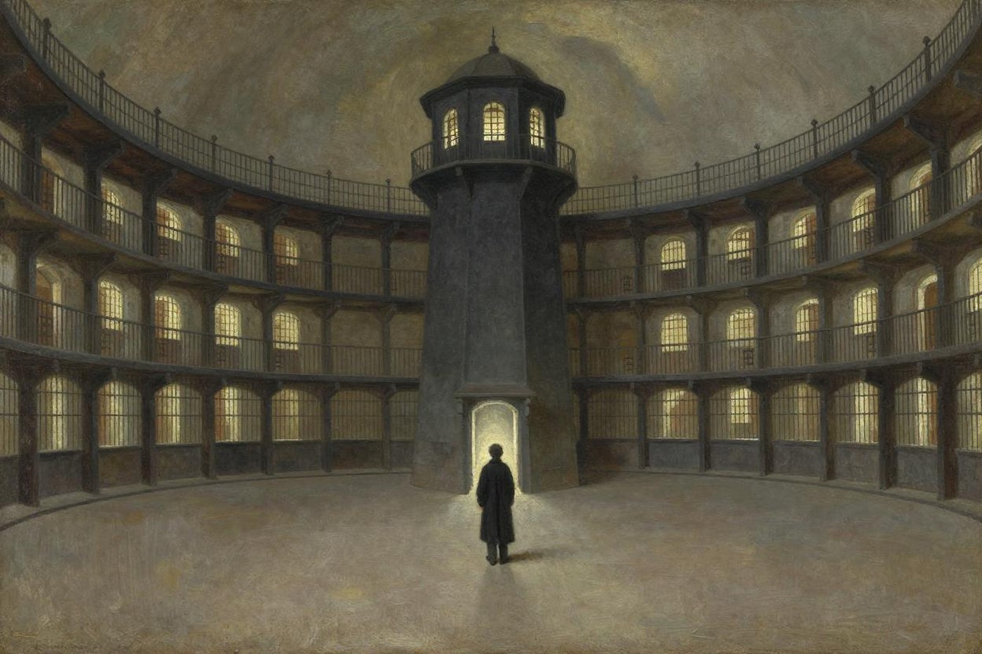 Oil painting looking up from the floor of a vast circular prison, tiers of lit cells ringing a dark central watchtower, a lone figure standing below it