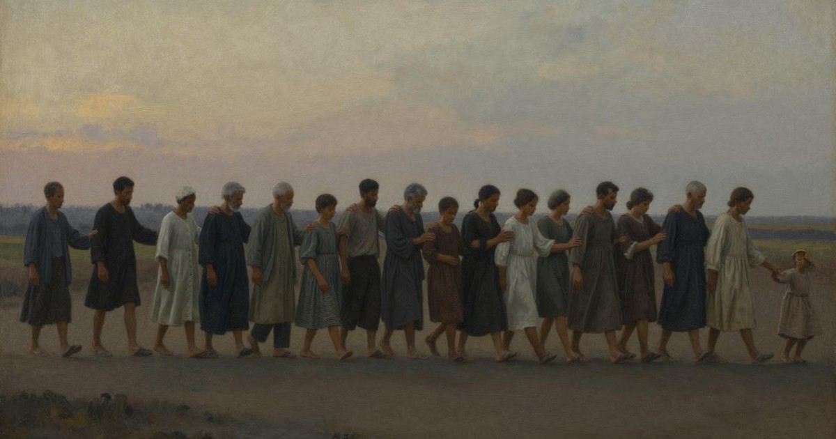 A long line of villagers walking together at dusk, hands on each other's shoulders