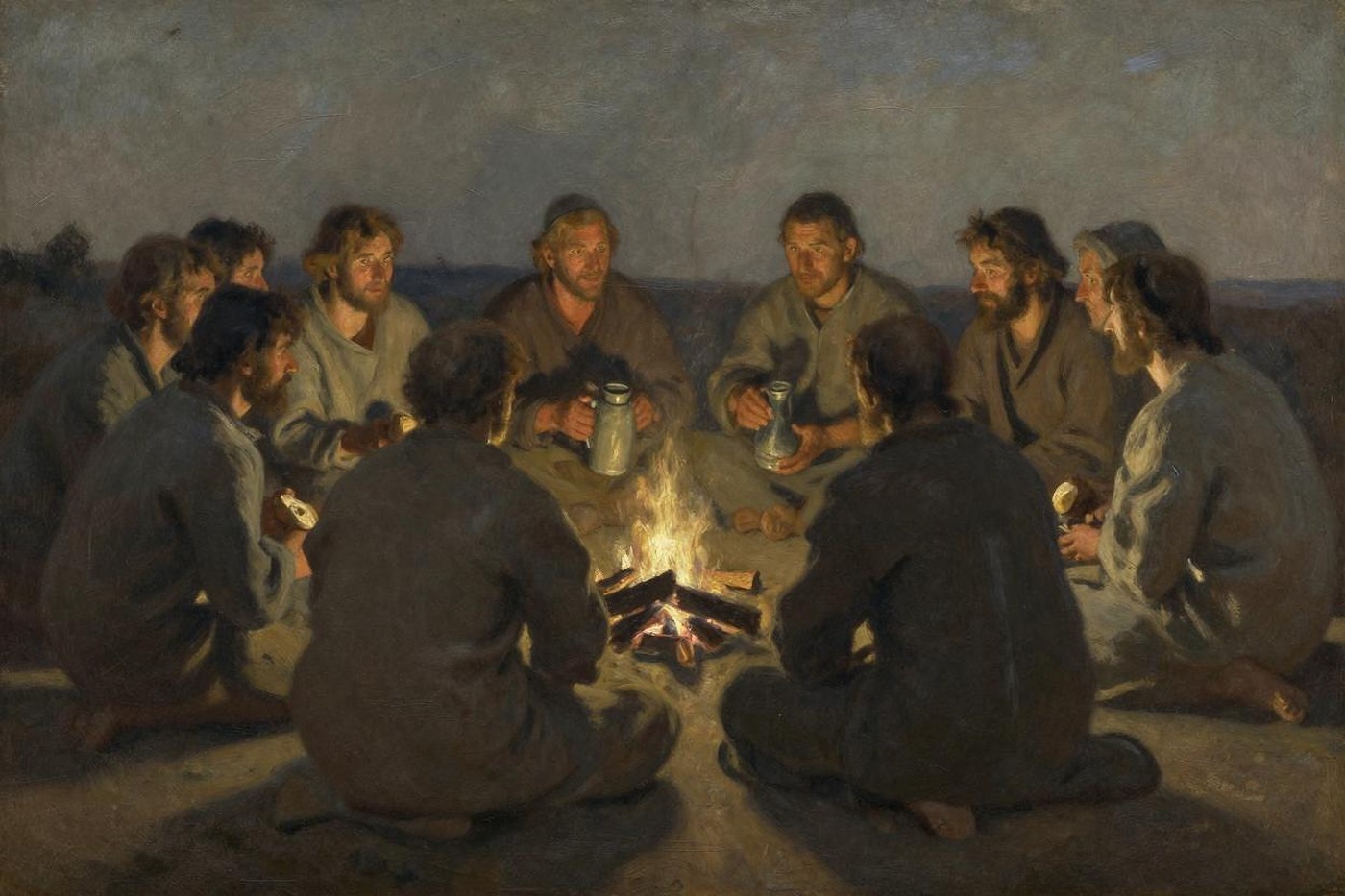 Oil painting of villagers seated in a close circle around a fire at night, sharing bread and drink