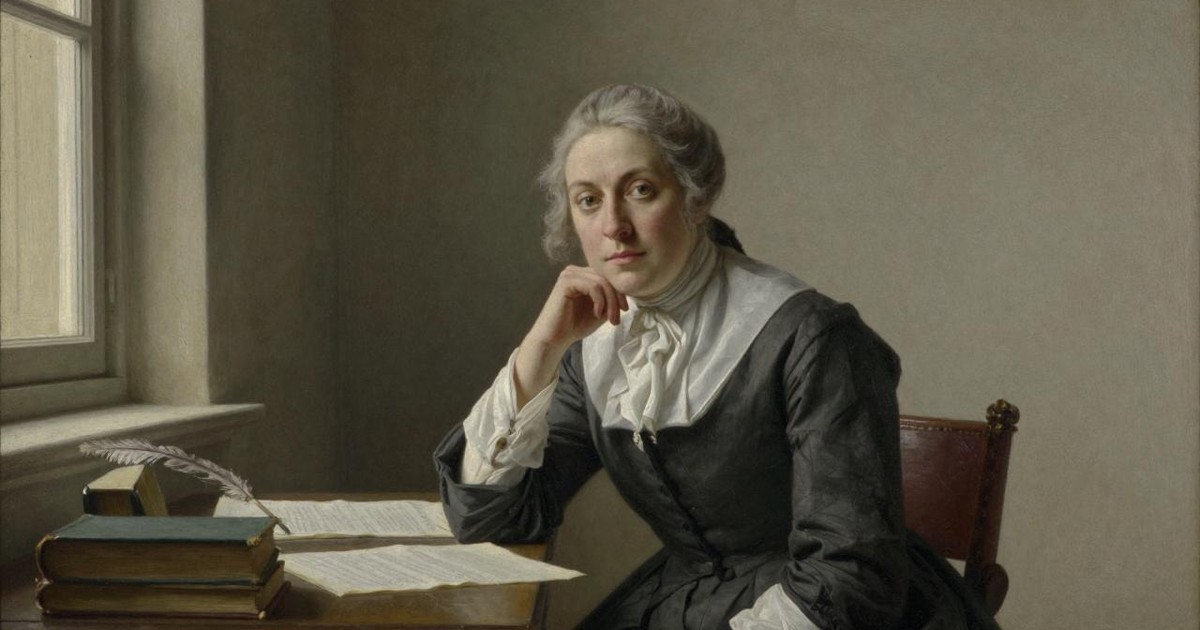 Oil painting of an 18th-century woman writer seated at a desk by a window, chin resting on her hand, gazing steadily at the viewer