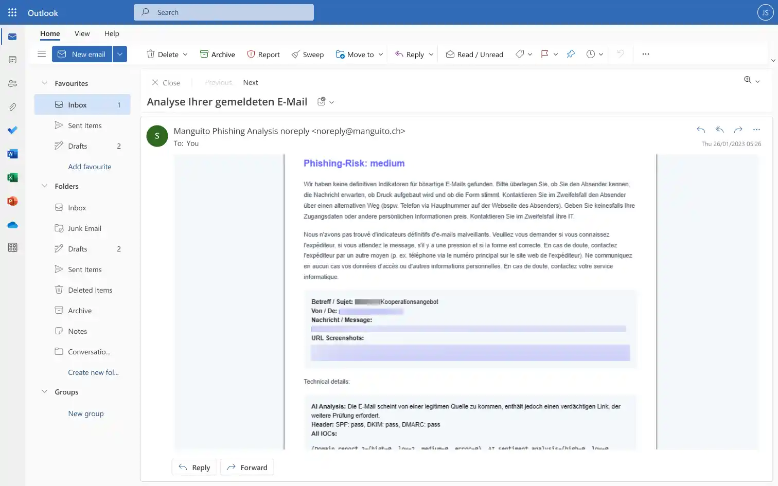 Screenshot der Manguito Phishing-Analyse: Beispielbericht mit KI-gestützter Bewertung einer gemeldeten E-Mail
