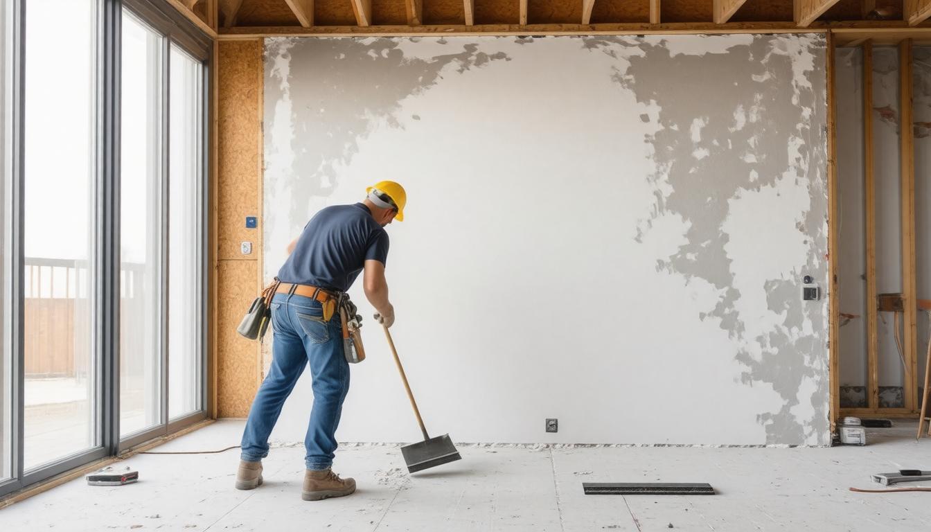 A man is repairing a wall in a room, focused on his work with tools and materials around him.