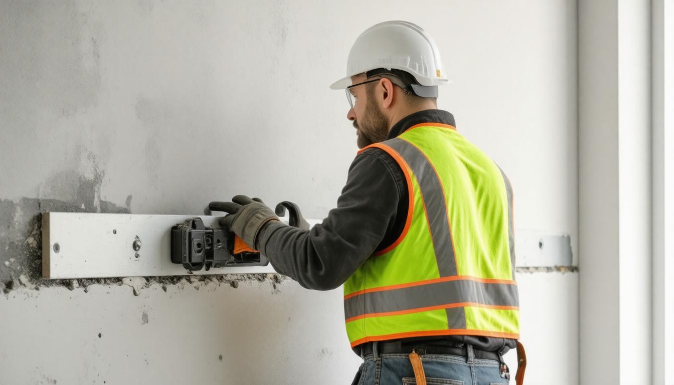 A man is working in a room featuring a large window that lets in natural light.