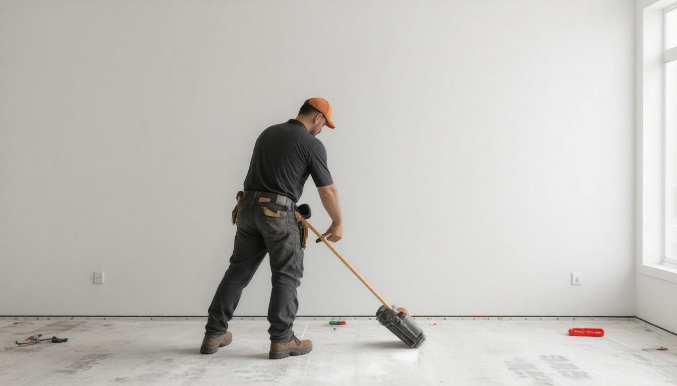 A man is sweeping the floor of a room with a broom, focused on cleaning the space.