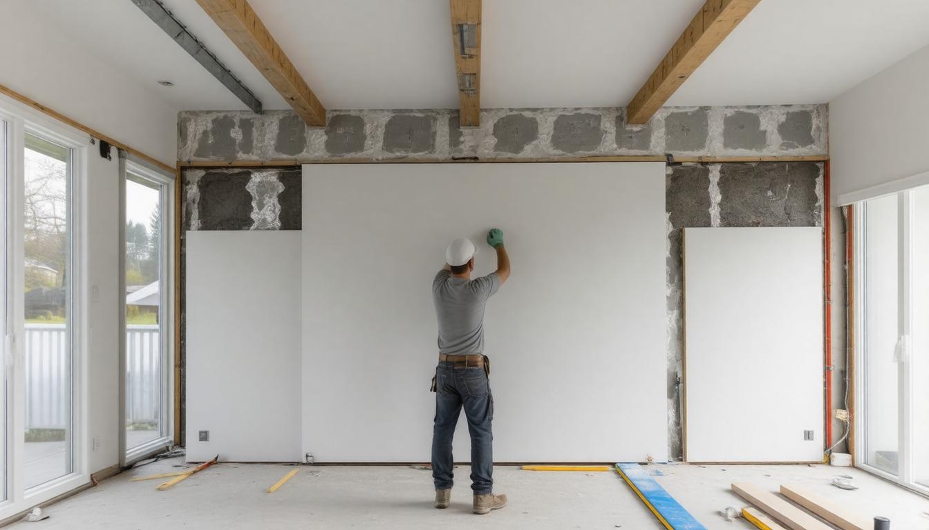 A man is repairing a wall in a room, focused on his task with tools and materials nearby.