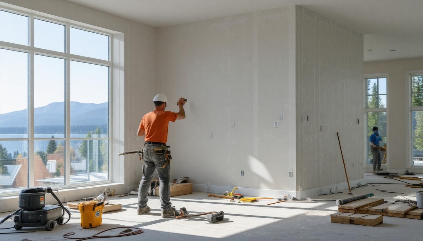 A man is working in a room featuring a large window that lets in natural light.