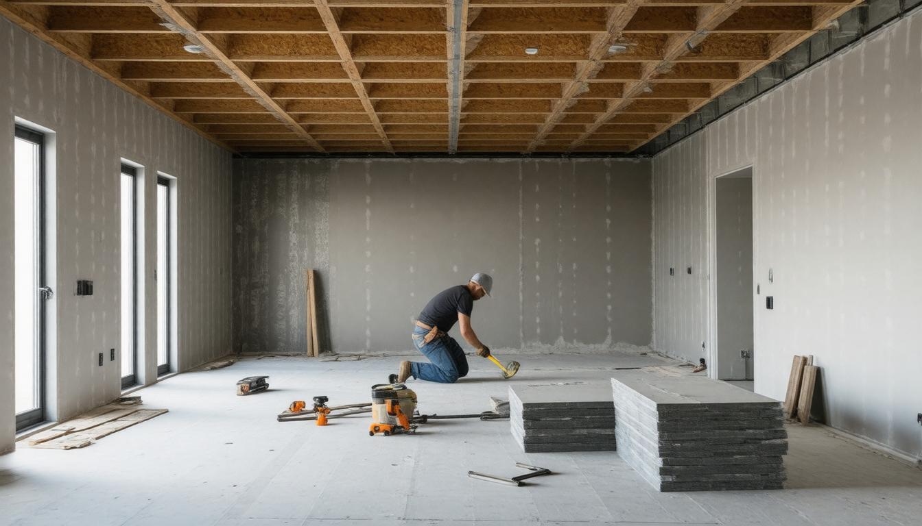 A man is renovating a room in a house, focused on his work with tools and materials around him.