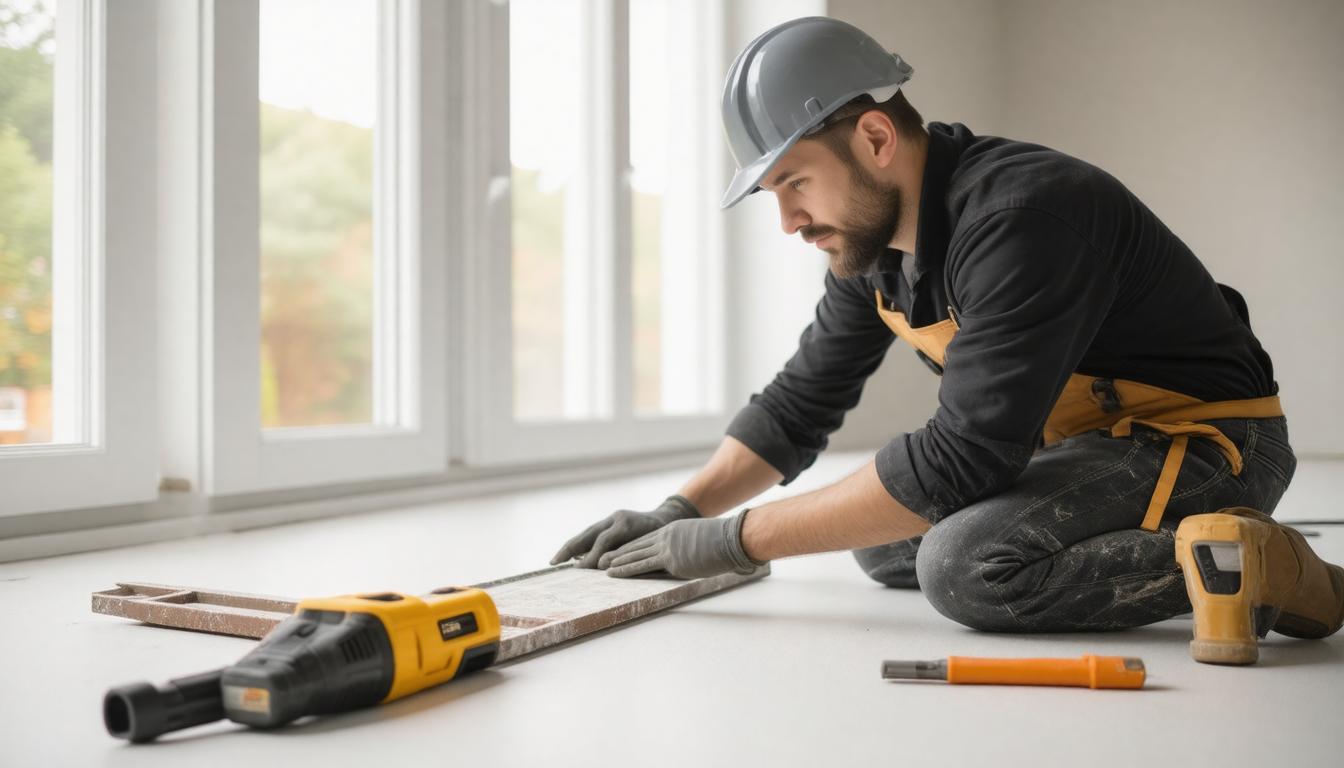 A man wearing a hard hat and safety glasses is working on a construction floor.