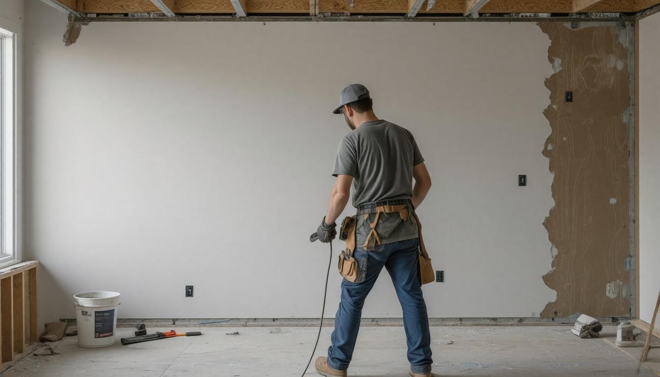 A man is repairing a wall in a room, focused on his work with tools and materials around him.