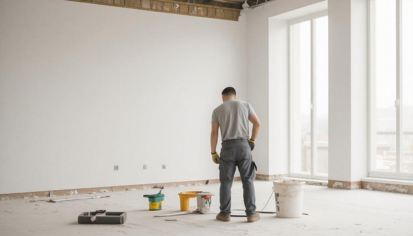 A man is painting the walls of an empty room, focused on his task with paint supplies nearby.