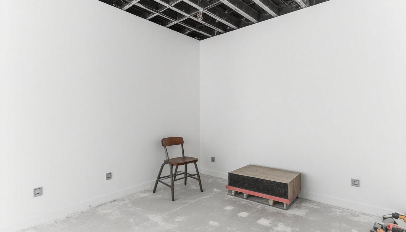A chair and a box are positioned in a room with plain white walls, creating a minimalist interior setting.