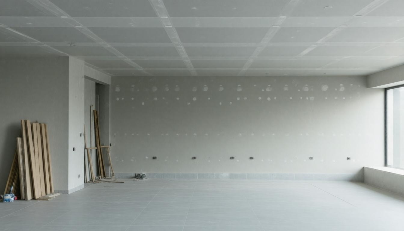 Empty room with drywall-covered ceiling and walls, featuring a bare floor and no furniture or decorations.