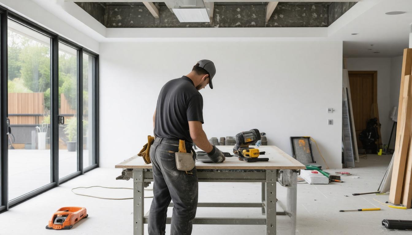 A man is focused on a task at a table in a well-lit room, surrounded by various tools and materials.