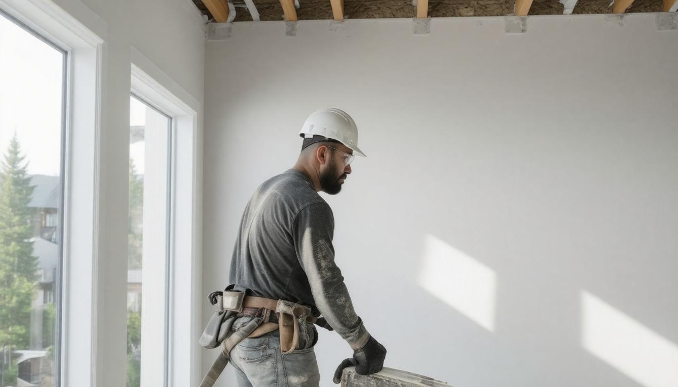 A man in a hard hat is actively working on constructing or repairing a wall.