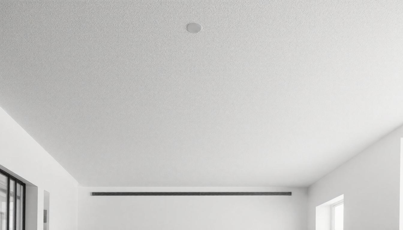 A black and white photo of a room featuring a stark white floor and minimalistic decor.