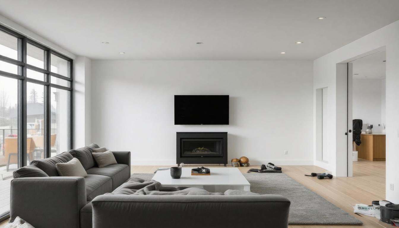 A modern living room featuring a cozy fireplace and large windows that allow natural light to fill the space.