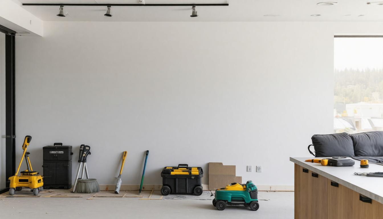A room featuring various tools alongside a kitchen area, showcasing a blend of work and culinary spaces.