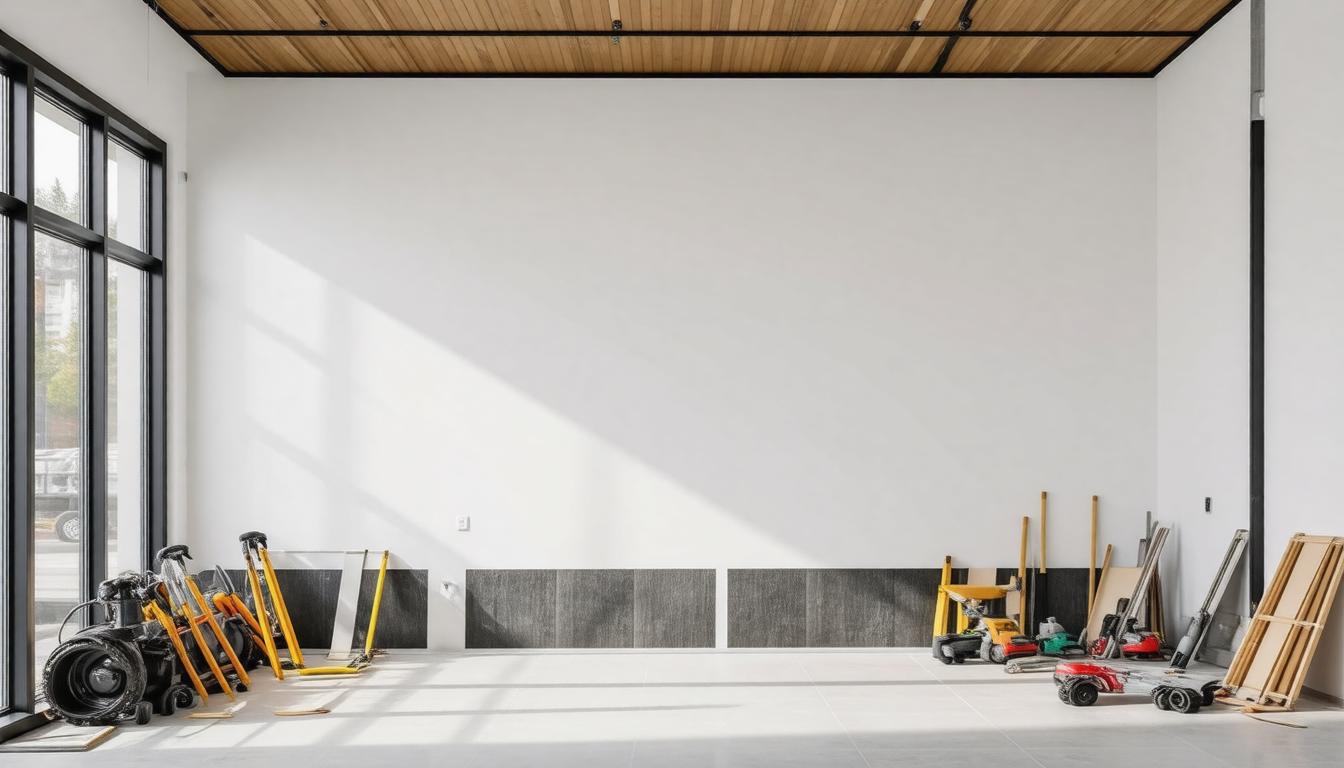 A workshop featuring various tools and warm wood paneling on the walls, creating a cozy, functional atmosphere.