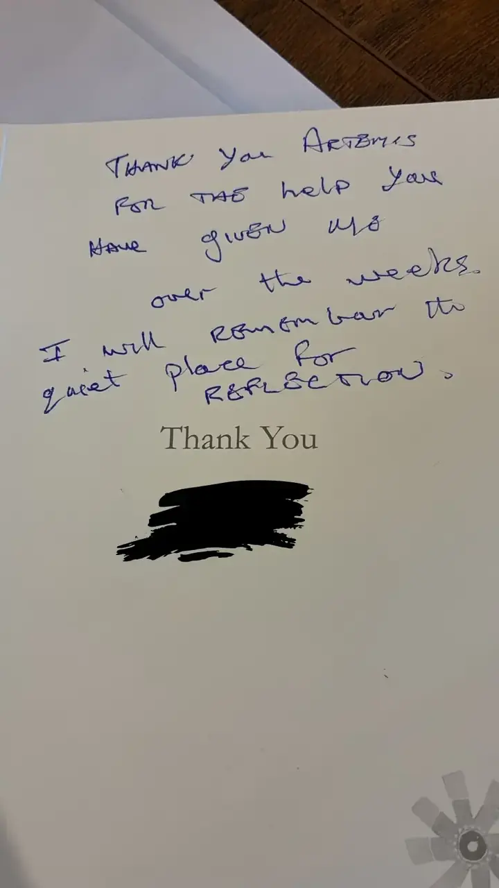Handwritten thank you card from a therapy client to Artemis