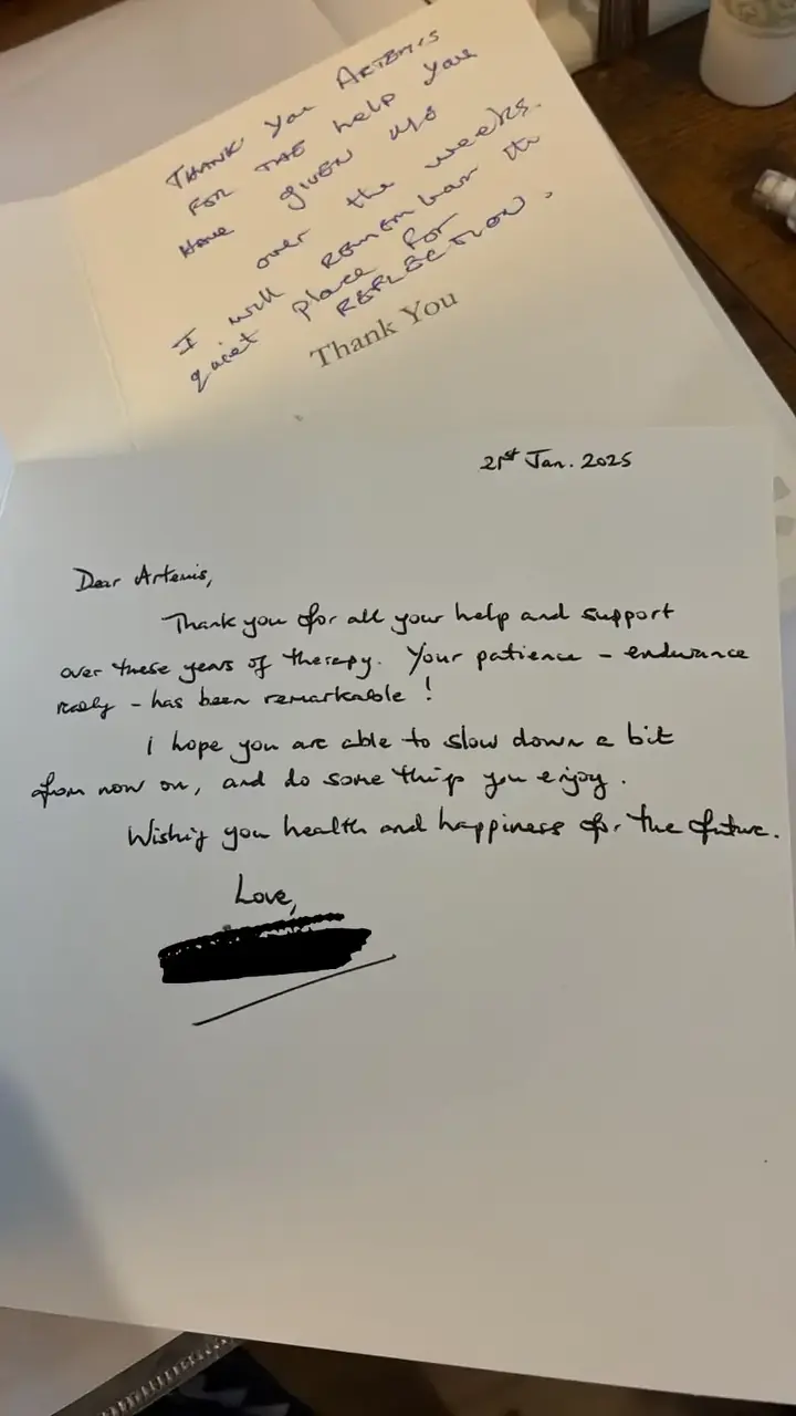Handwritten thank you card from a therapy client to Artemis