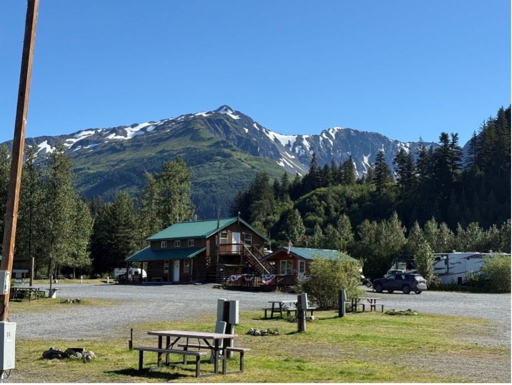 Wood table with porcelain mug, leather journal, brass pen, leather key ring, and a houseplant.