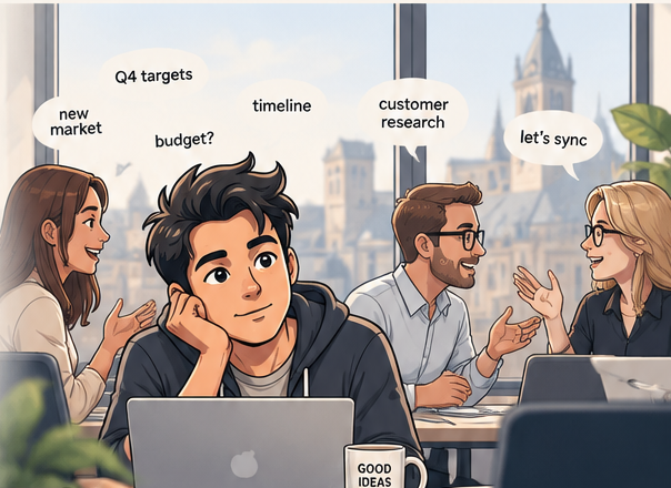 Marc daydreaming at his laptop while colleagues around him talk about Q4 targets, budgets and timelines