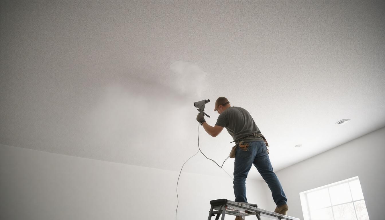 A man using a spray gun to paint a ceiling, wearing protective gear and focused on his task.