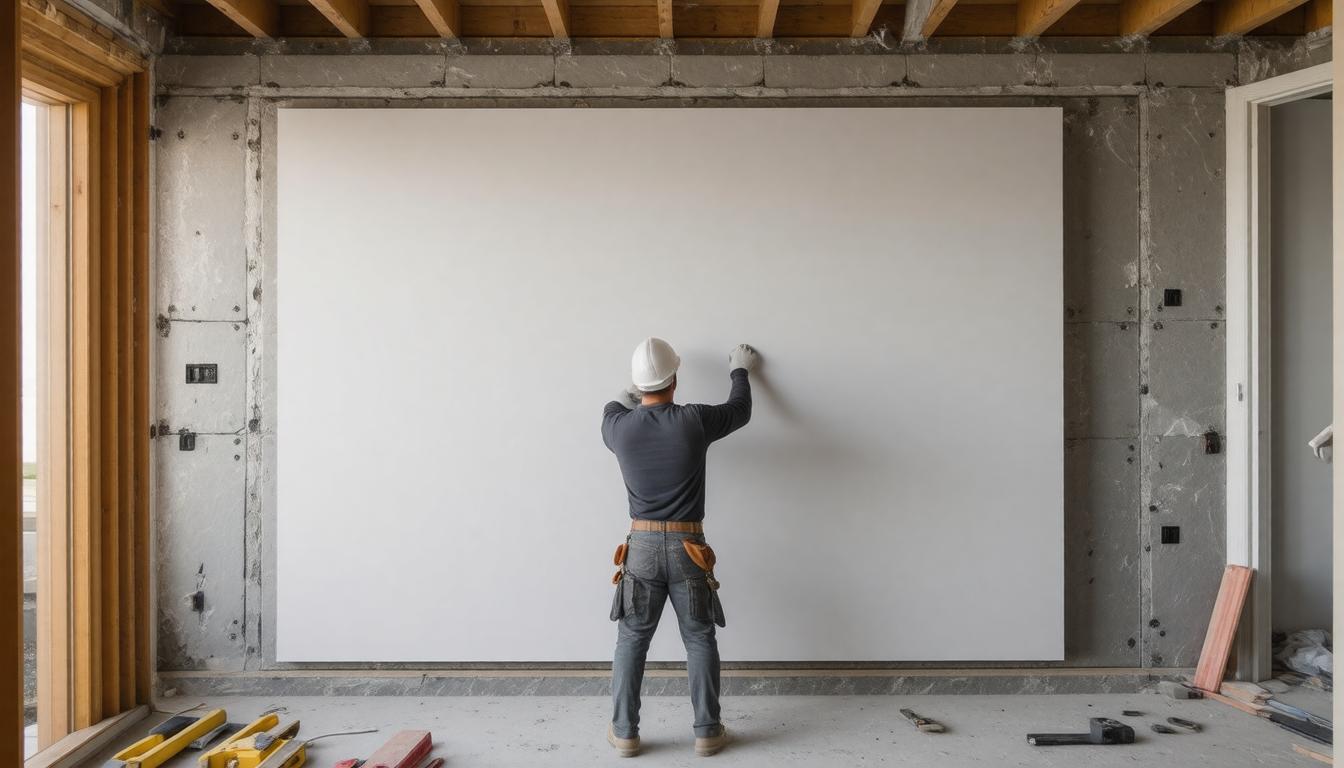 A man stands in front of a large, plain white wall, creating a minimalist backdrop for the scene.