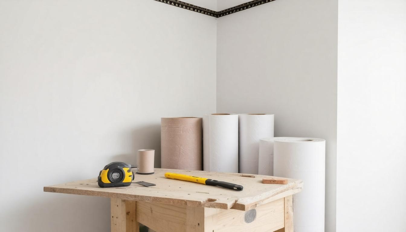 A work table displaying rolls of paper alongside a drill, indicating a workspace for crafting or construction activities.