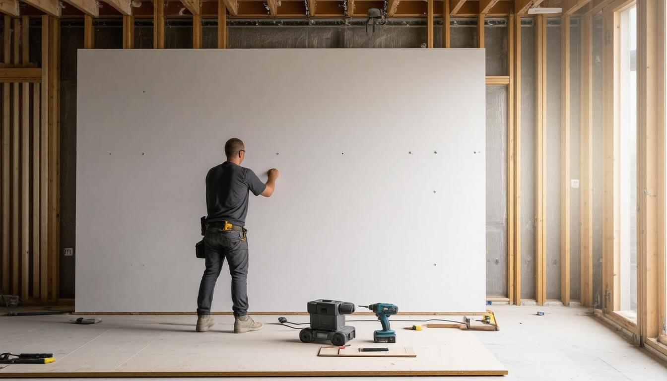 A man is working on a wall in a room that features a whiteboard.