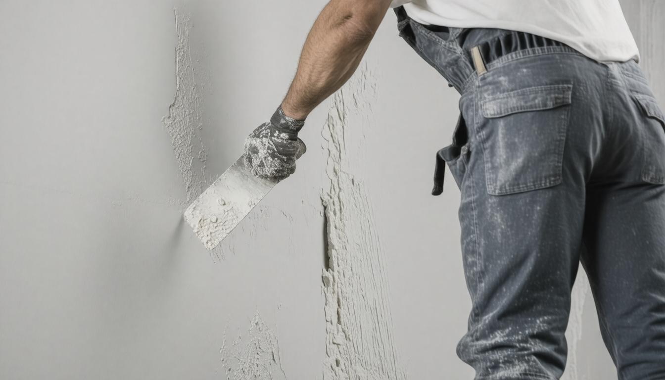 A man in overalls uses a trowel to apply paint to a wall, focused on his task.