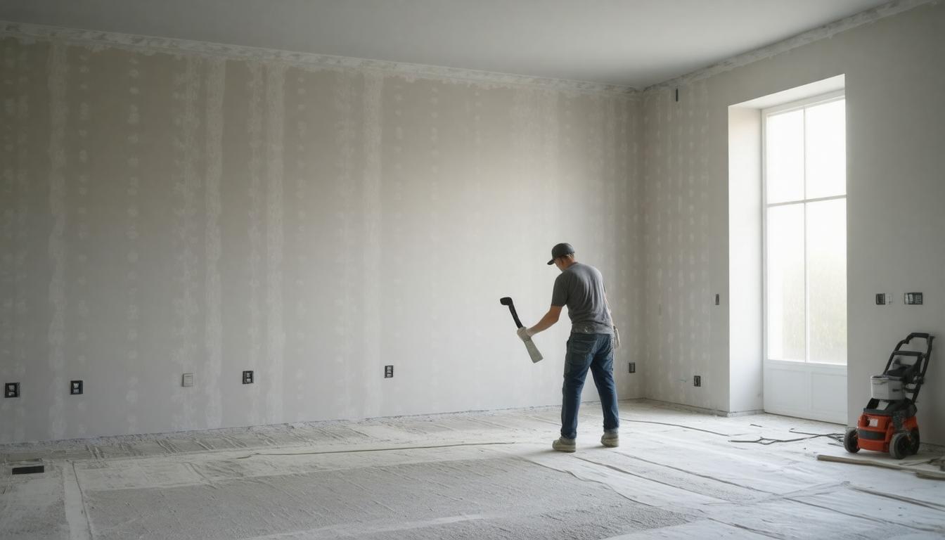 A man is painting a room while holding a hammer in his other hand, showcasing a unique approach to home improvement.