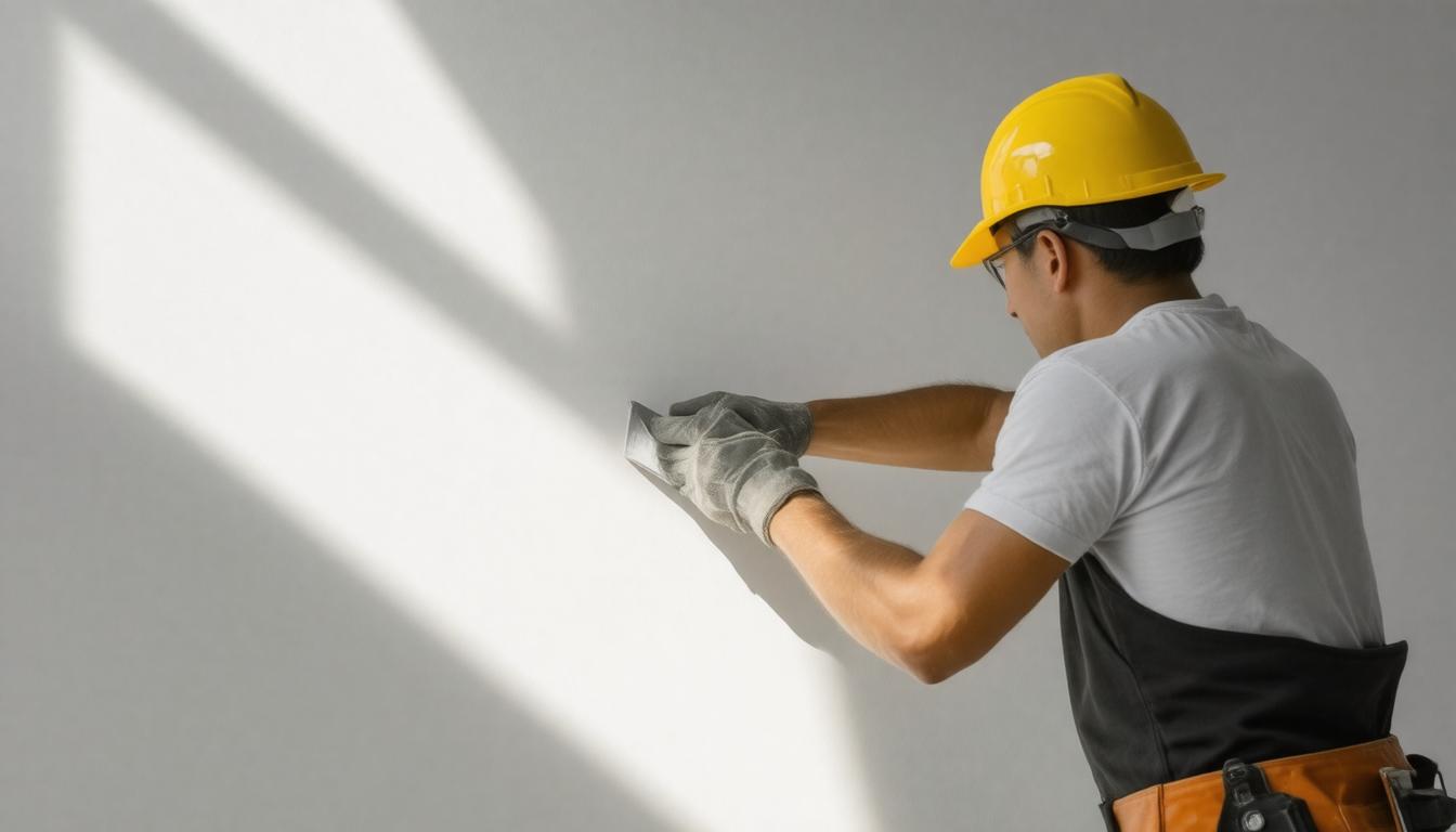 A man wearing a hard hat and safety vest is painting a wall with a roller.