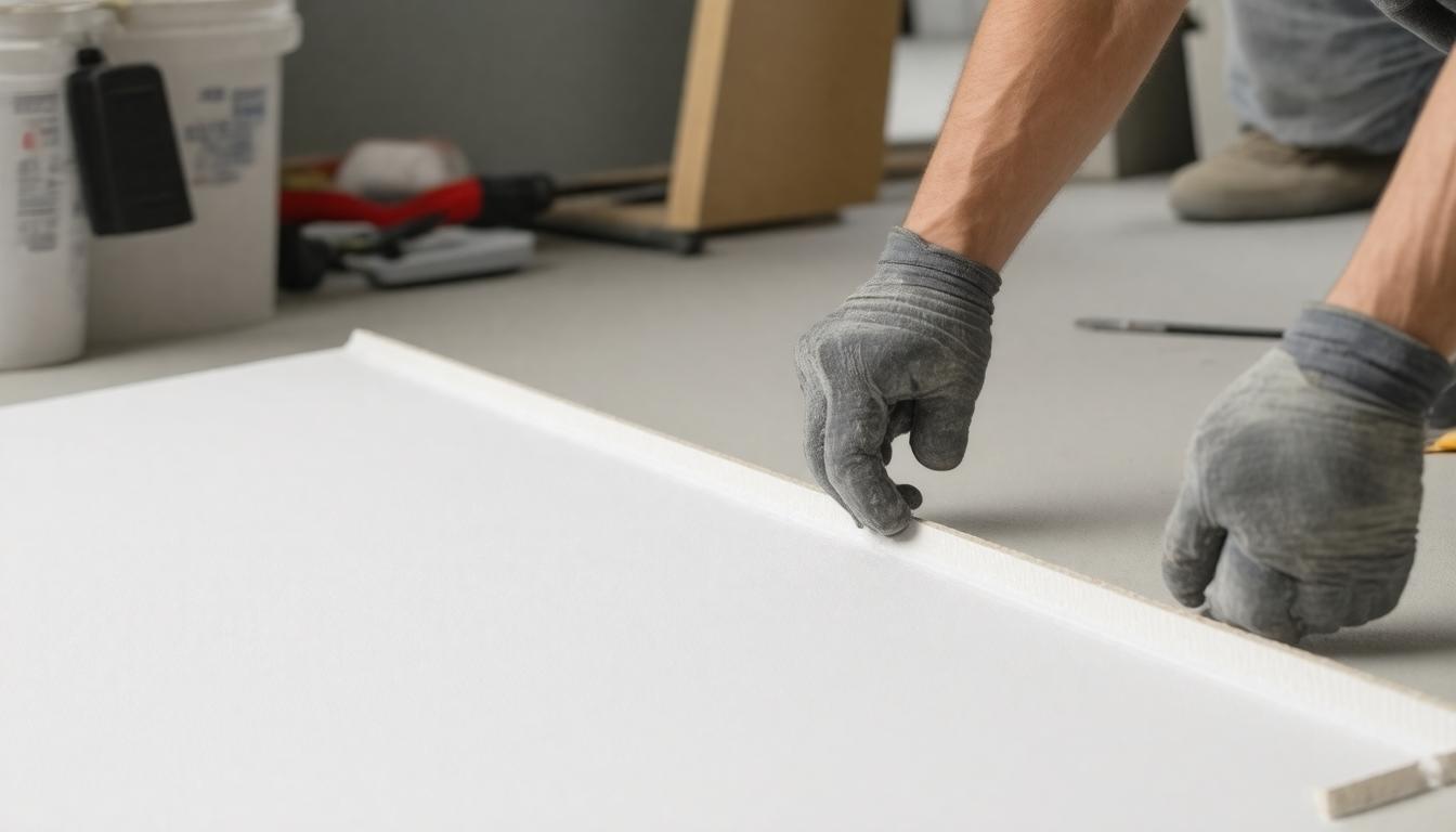 A man wearing gloves and a hard hat is working on a white sheet, focused on his task.