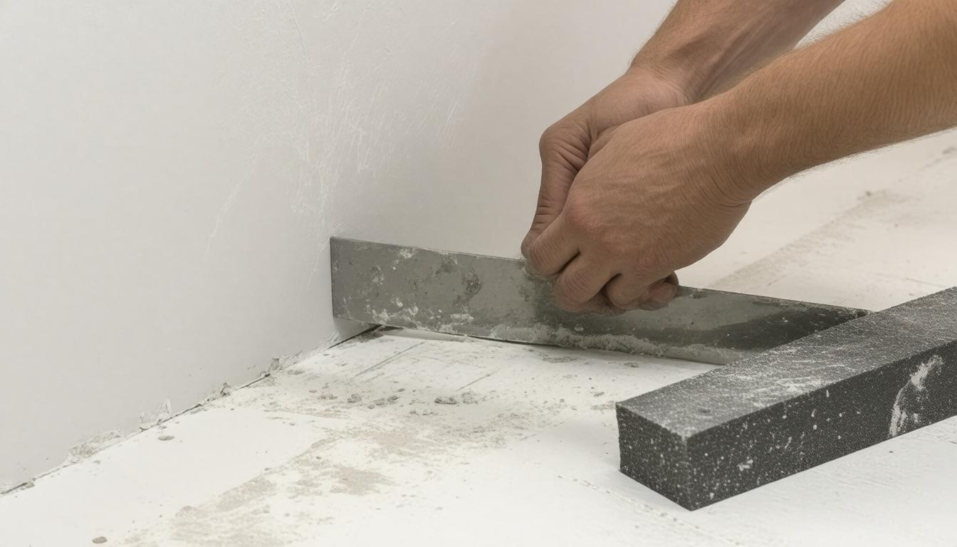 A man is applying cement to construct a wall, focused on his task in a construction setting.